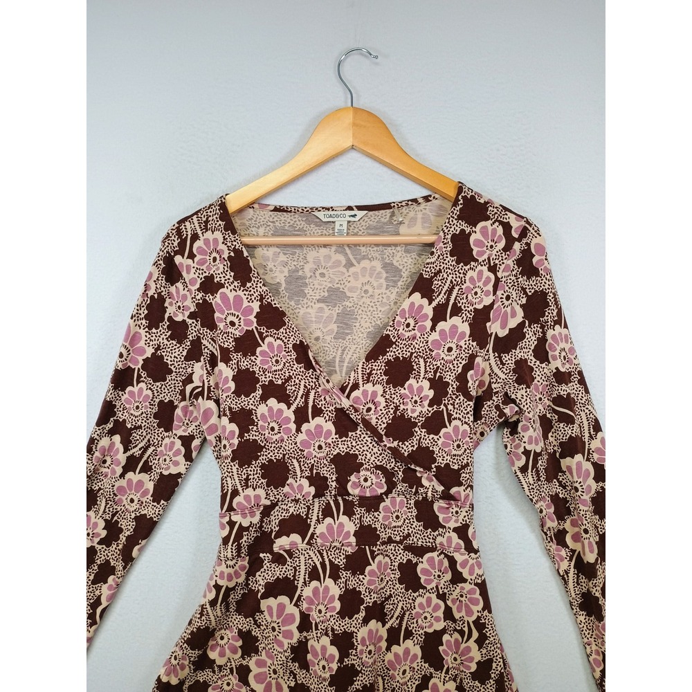 Boho Cottagecore Toad&Co Women Medium Brown Floral Long Sleeve Wrap Pocket Dress - Picture 9 of 11